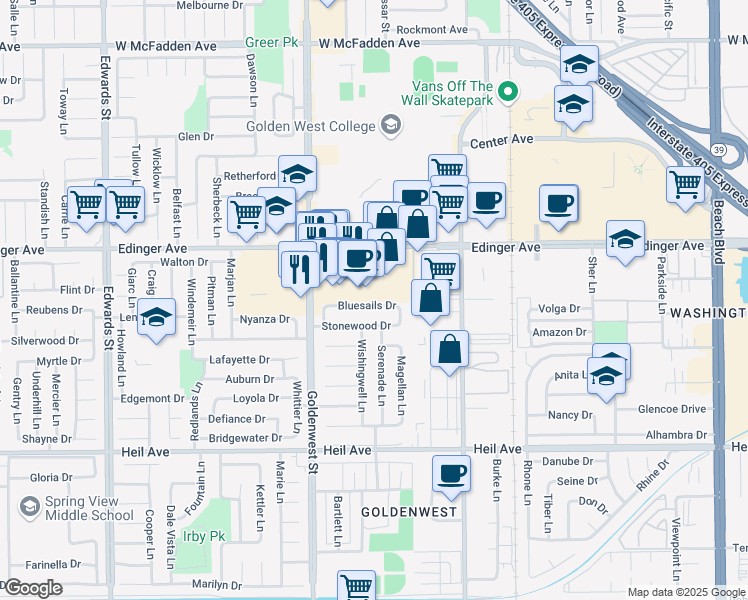 map of restaurants, bars, coffee shops, grocery stores, and more near 7141 Bluesails Drive in Huntington Beach