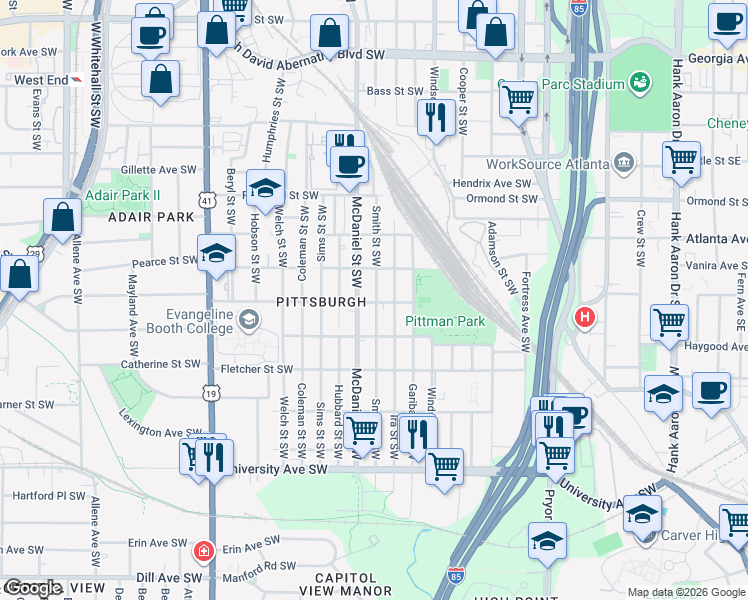 map of restaurants, bars, coffee shops, grocery stores, and more near 1000 Smith Street Southwest in Atlanta