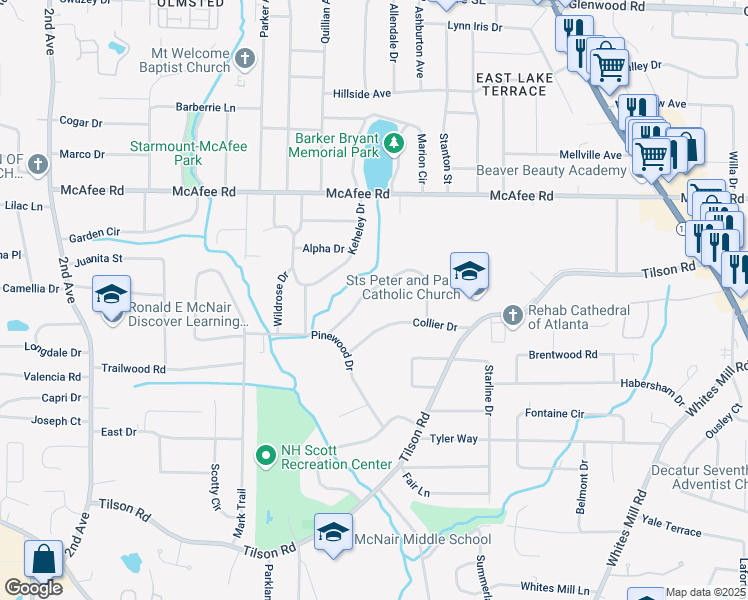 map of restaurants, bars, coffee shops, grocery stores, and more near 2307 Cresta Drive in Decatur