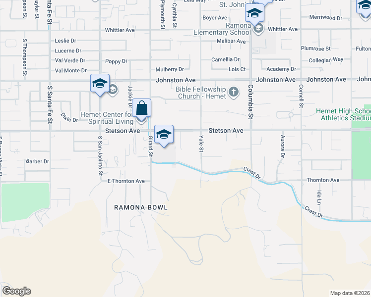 map of restaurants, bars, coffee shops, grocery stores, and more near 27149 Yale Street in Hemet