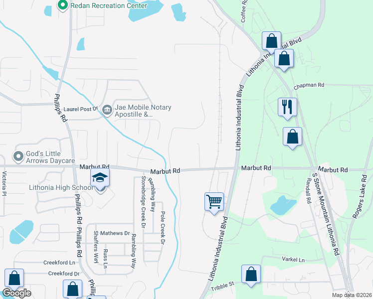 map of restaurants, bars, coffee shops, grocery stores, and more near 6520-6588 Marbut Road in Lithonia