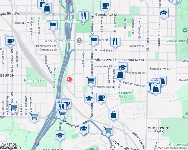 map of restaurants, bars, coffee shops, grocery stores, and more near 995 Dunning Street Southeast in Atlanta