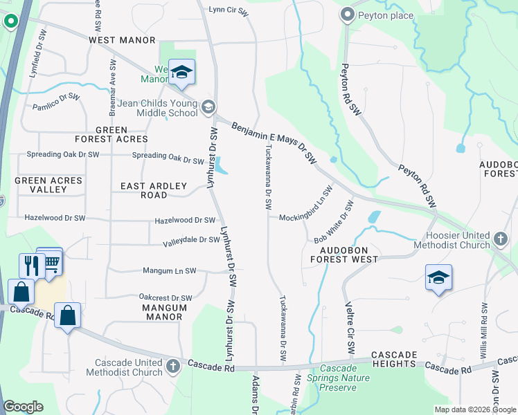 map of restaurants, bars, coffee shops, grocery stores, and more near 1037 Tuckawanna Drive Southwest in Atlanta
