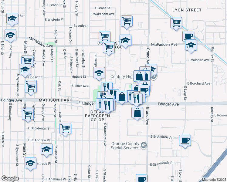 map of restaurants, bars, coffee shops, grocery stores, and more near 1527 South Standard Avenue in Santa Ana