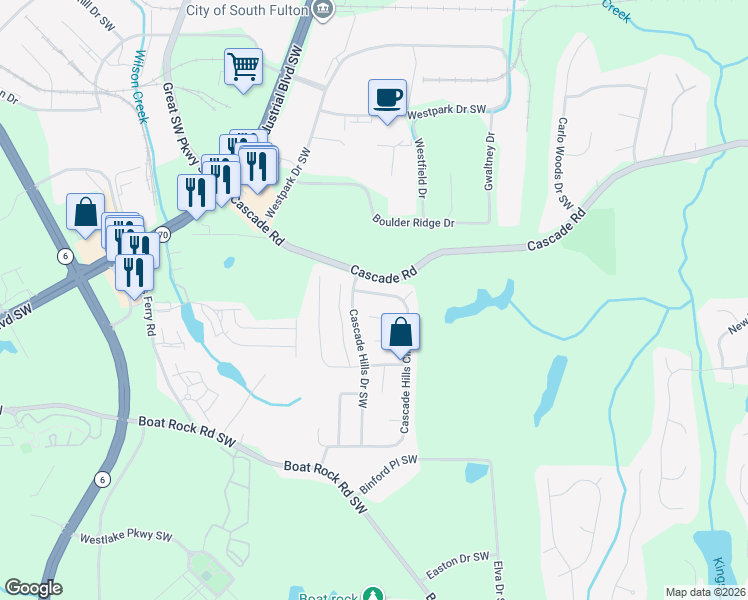 map of restaurants, bars, coffee shops, grocery stores, and more near 150 Lost Springs Lane Southwest in Atlanta