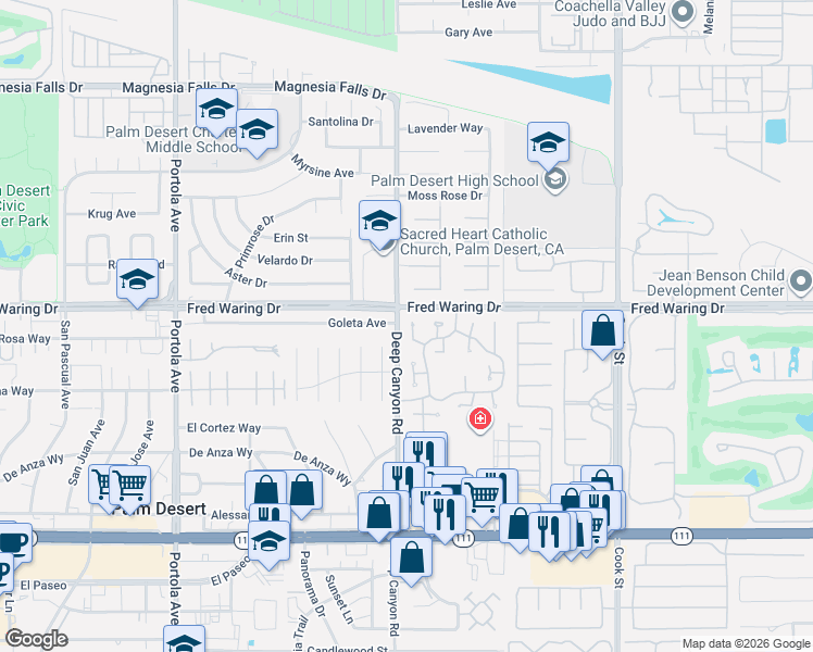 map of restaurants, bars, coffee shops, grocery stores, and more near 44219 Corfu Court in Palm Desert