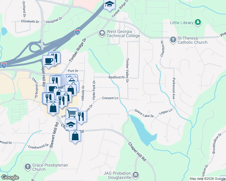 map of restaurants, bars, coffee shops, grocery stores, and more near 4647 Cresant Lane in Douglasville