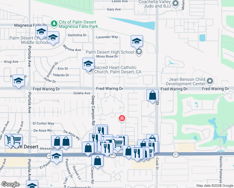 map of restaurants, bars, coffee shops, grocery stores, and more near 44049 Vigo Court in Palm Desert