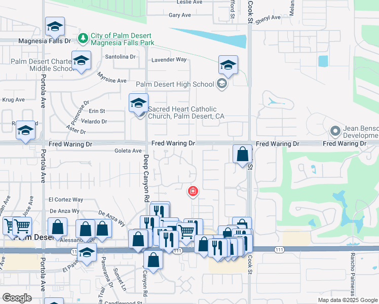 map of restaurants, bars, coffee shops, grocery stores, and more near 44149 Chamonix Court in Palm Desert