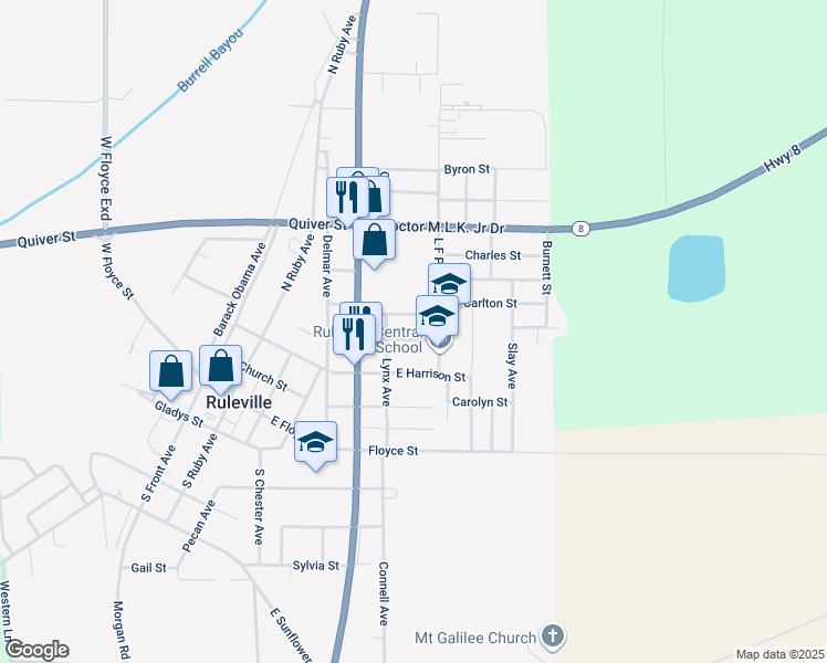 map of restaurants, bars, coffee shops, grocery stores, and more near in Ruleville