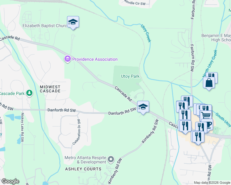 map of restaurants, bars, coffee shops, grocery stores, and more near 4038 Cascade Road in Atlanta