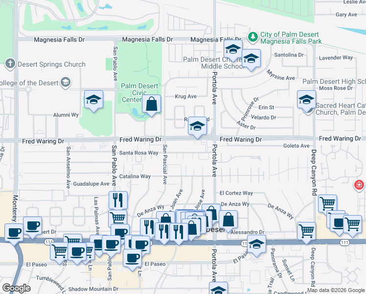 map of restaurants, bars, coffee shops, grocery stores, and more near 73850 Santa Rosa Way in Palm Desert