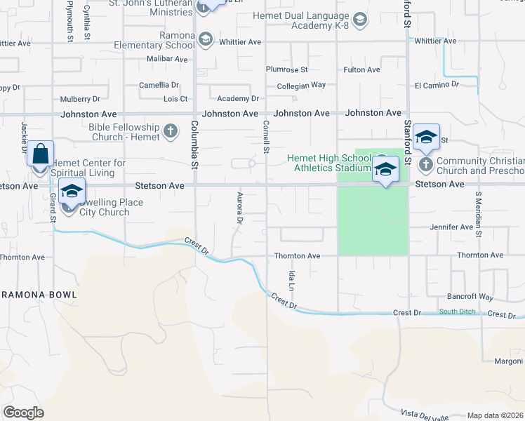map of restaurants, bars, coffee shops, grocery stores, and more near 41224 Toledo Drive in Hemet