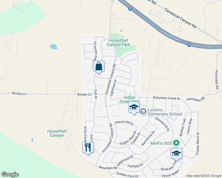 map of restaurants, bars, coffee shops, grocery stores, and more near 26959 Lightfoot Drive in Corona