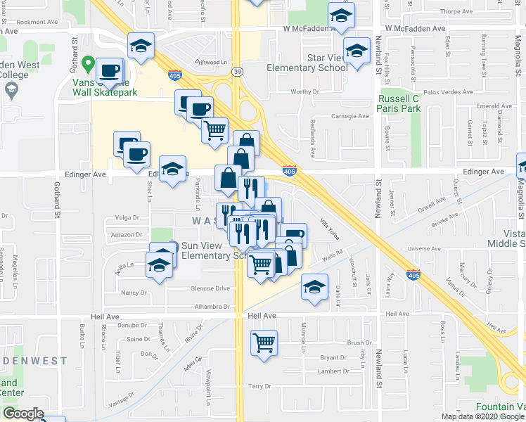 map of restaurants, bars, coffee shops, grocery stores, and more near 16171 Malaga Lane in Huntington Beach