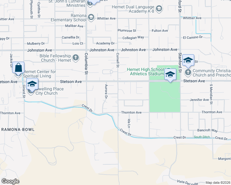 map of restaurants, bars, coffee shops, grocery stores, and more near 41224 Toledo Drive in Hemet