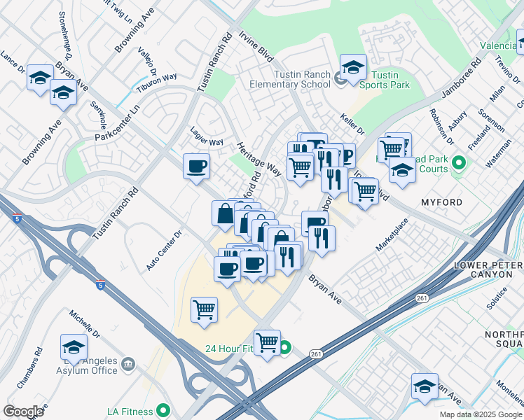 map of restaurants, bars, coffee shops, grocery stores, and more near 13445 Savanna in Tustin