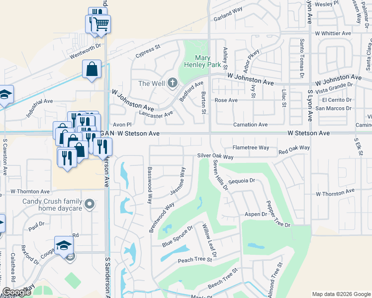 map of restaurants, bars, coffee shops, grocery stores, and more near 2683 Chamise Way in Hemet