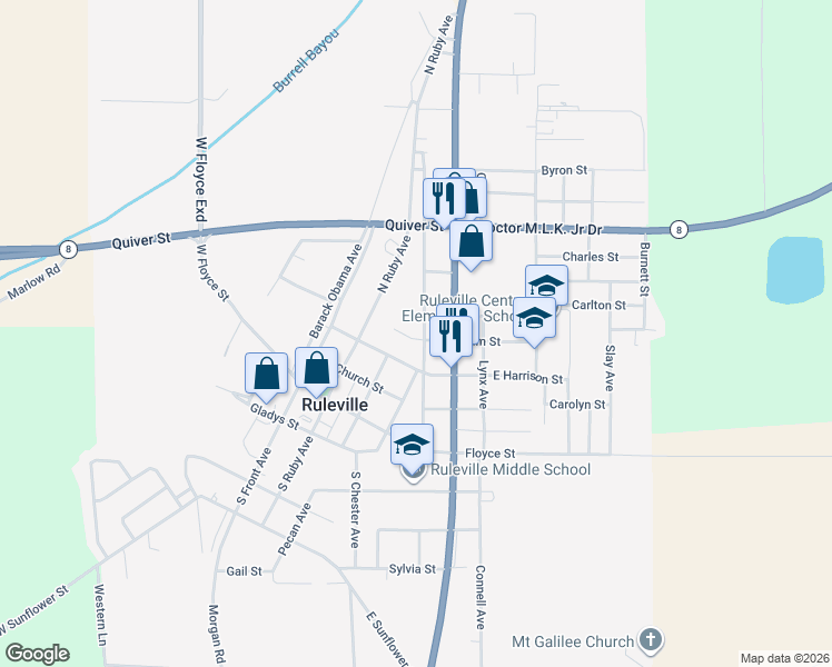 map of restaurants, bars, coffee shops, grocery stores, and more near 309 Dattel Park in Ruleville