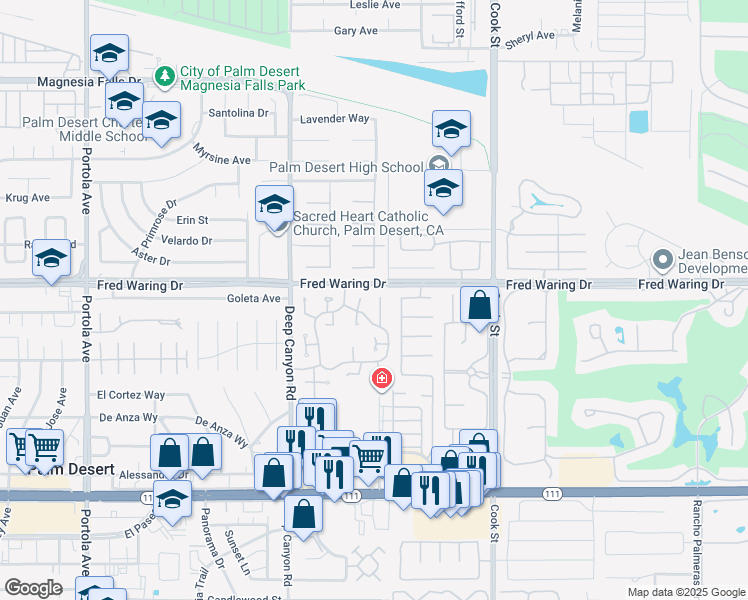 map of restaurants, bars, coffee shops, grocery stores, and more near 44149 Chamonix Court in Palm Desert