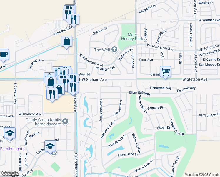 map of restaurants, bars, coffee shops, grocery stores, and more near 1119 Buttonwood Court in Hemet