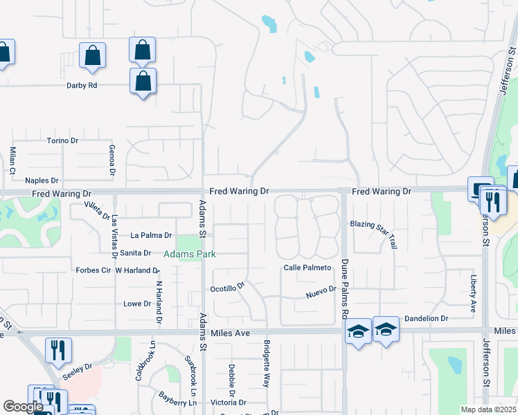 map of restaurants, bars, coffee shops, grocery stores, and more near 44095 Camino Lavanda in La Quinta