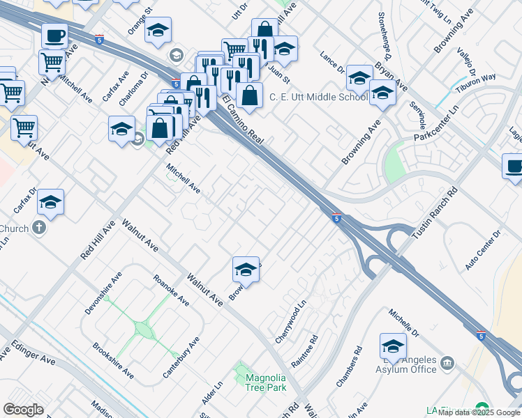map of restaurants, bars, coffee shops, grocery stores, and more near 1881 Mitchell Avenue in Tustin