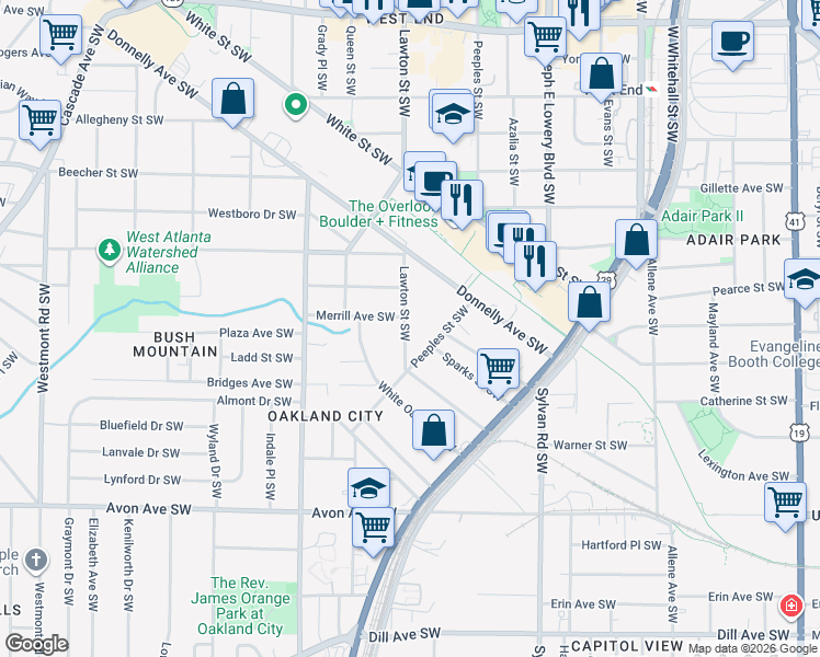 map of restaurants, bars, coffee shops, grocery stores, and more near 956 Lawton Street Southwest in Atlanta