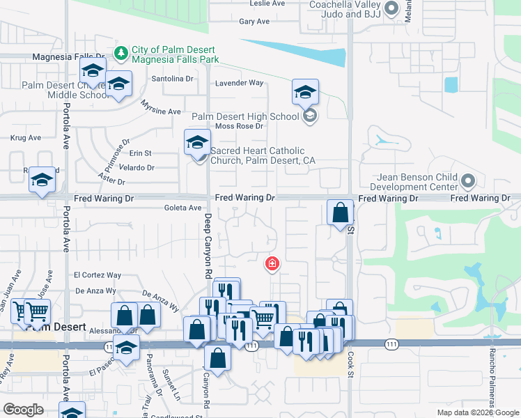map of restaurants, bars, coffee shops, grocery stores, and more near 44049 Vigo Court in Palm Desert
