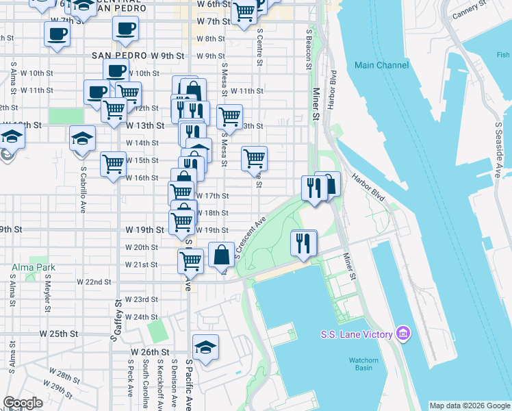 map of restaurants, bars, coffee shops, grocery stores, and more near 1725 South Centre Street in Los Angeles