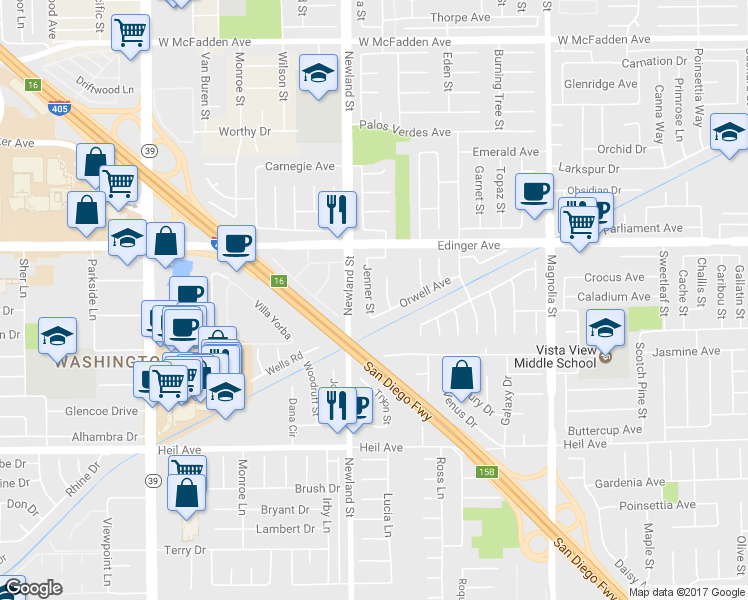 map of restaurants, bars, coffee shops, grocery stores, and more near 16132 Jenner Street in Westminster