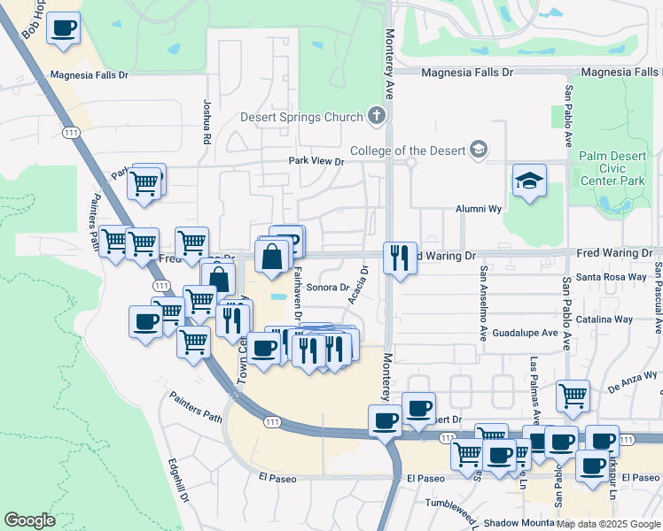 map of restaurants, bars, coffee shops, grocery stores, and more near 72855 Fred Waring Drive in Palm Desert