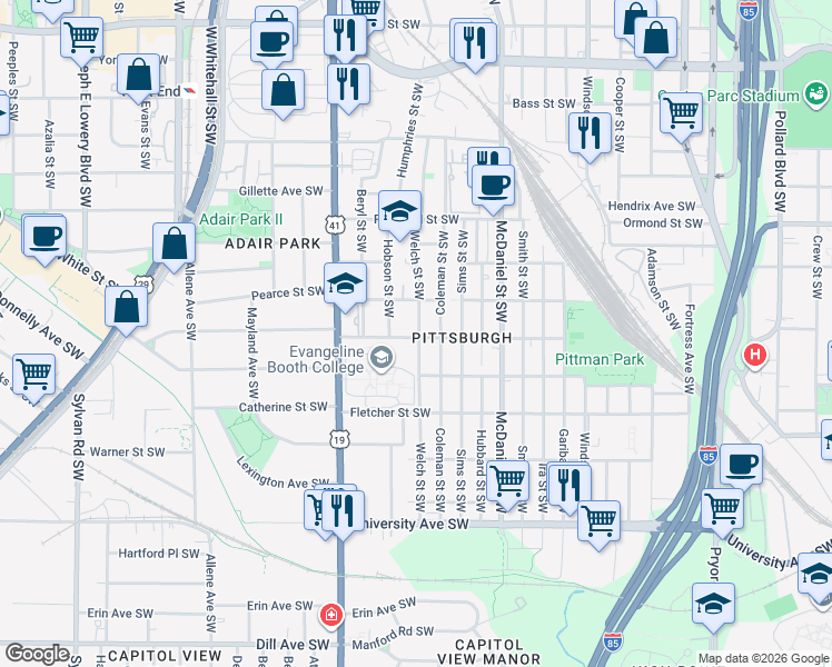 map of restaurants, bars, coffee shops, grocery stores, and more near 953 Welch Street Southwest in Atlanta