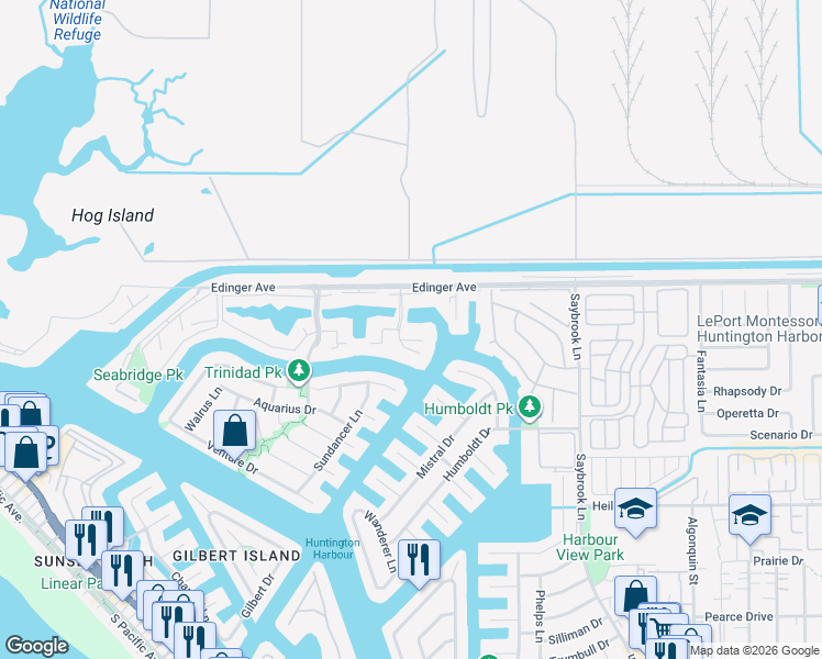 map of restaurants, bars, coffee shops, grocery stores, and more near 3920 Montego Drive in Huntington Beach