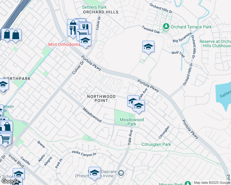 map of restaurants, bars, coffee shops, grocery stores, and more near 32 Garden Gate Lane in Irvine