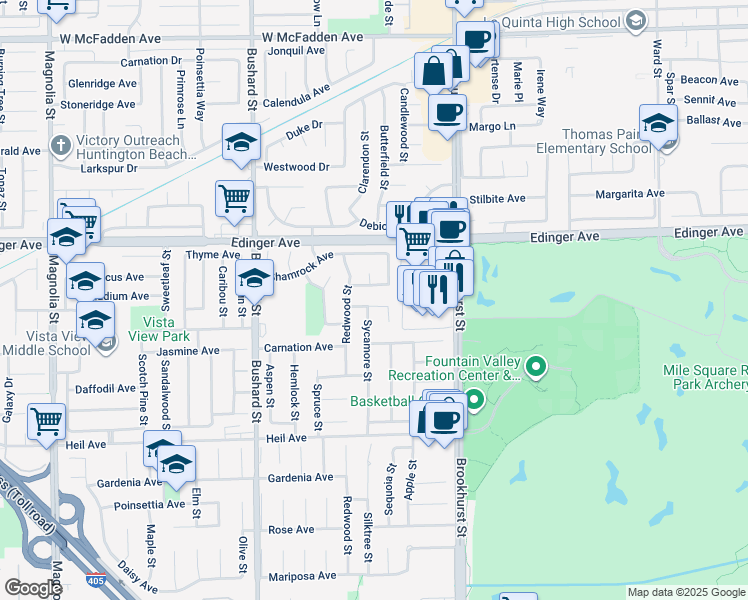 map of restaurants, bars, coffee shops, grocery stores, and more near 9801 Hibiscus Avenue in Fountain Valley