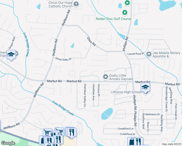 map of restaurants, bars, coffee shops, grocery stores, and more near 6126 Raintree Bend in Lithonia