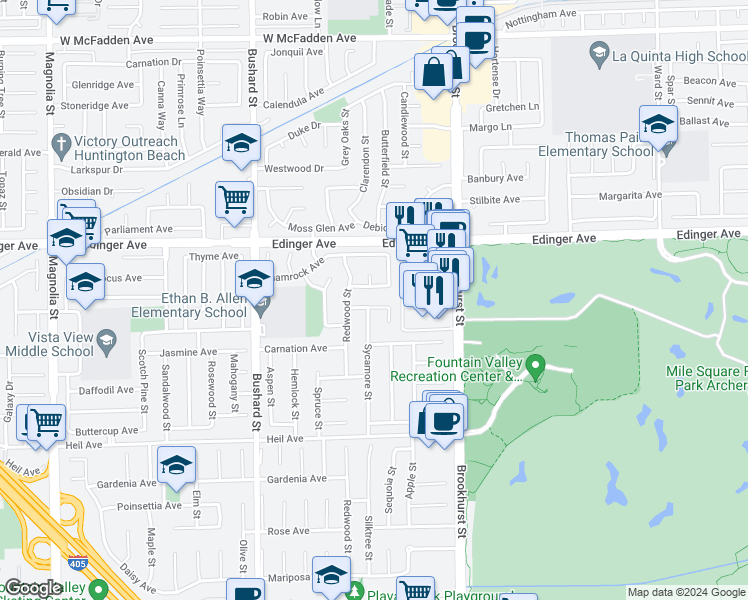map of restaurants, bars, coffee shops, grocery stores, and more near 9801 Hibiscus Avenue in Fountain Valley