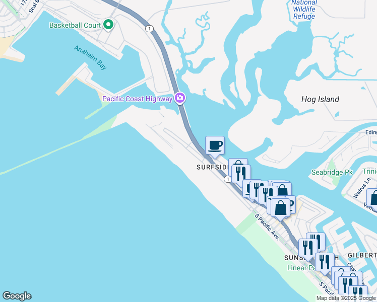 map of restaurants, bars, coffee shops, grocery stores, and more near 2 Surfside Avenue in Seal Beach
