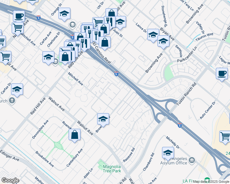 map of restaurants, bars, coffee shops, grocery stores, and more near 1881 Mitchell Avenue in Tustin