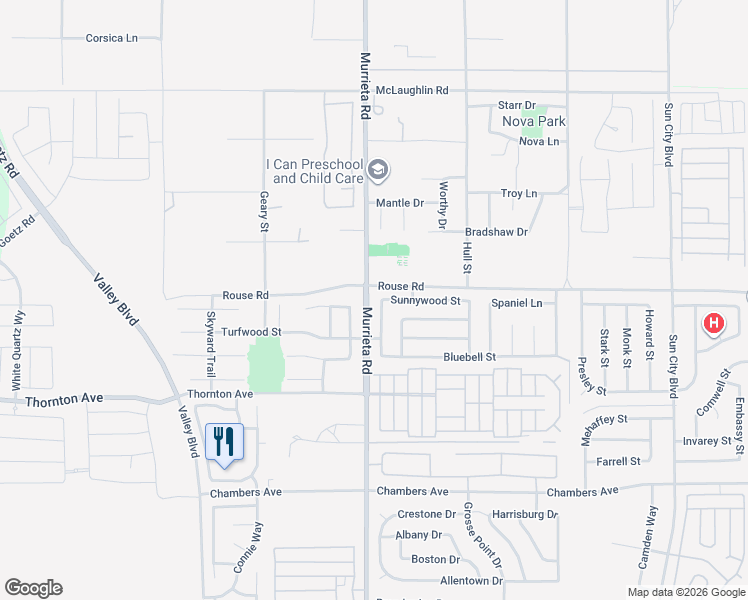 map of restaurants, bars, coffee shops, grocery stores, and more near 26026 Sunnywood Street in Menifee