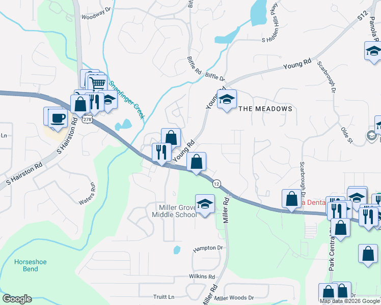 map of restaurants, bars, coffee shops, grocery stores, and more near 10 Hidden Chase in Stone Mountain