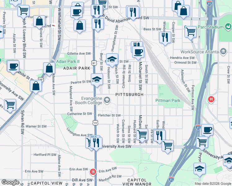 map of restaurants, bars, coffee shops, grocery stores, and more near 953 Welch Street Southwest in Atlanta