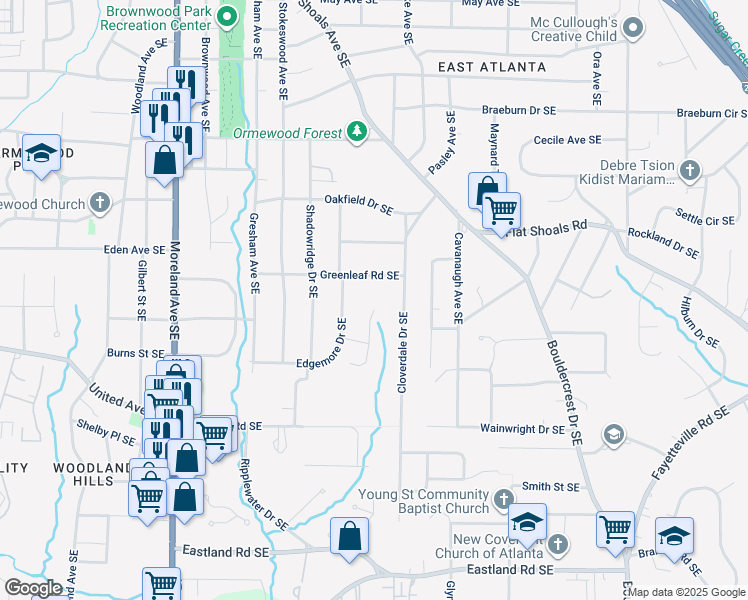 map of restaurants, bars, coffee shops, grocery stores, and more near 1217 Greenleaf Road Southeast in Atlanta
