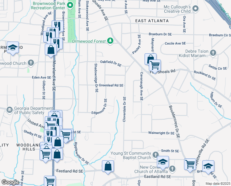 map of restaurants, bars, coffee shops, grocery stores, and more near 2139 Cedarbrook Court Southeast in Atlanta