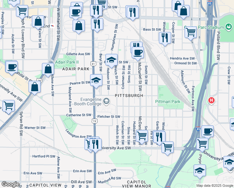 map of restaurants, bars, coffee shops, grocery stores, and more near Welch Street Southwest in Atlanta