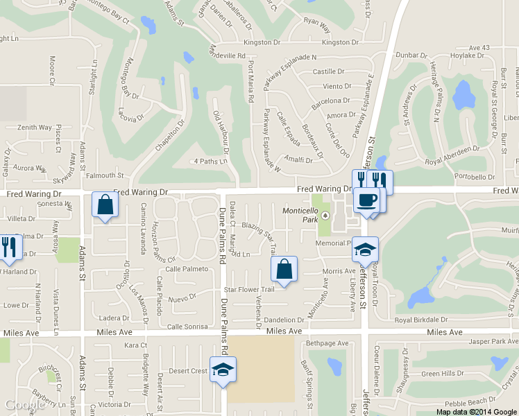 map of restaurants, bars, coffee shops, grocery stores, and more near 44123 Calico Circle in La Quinta