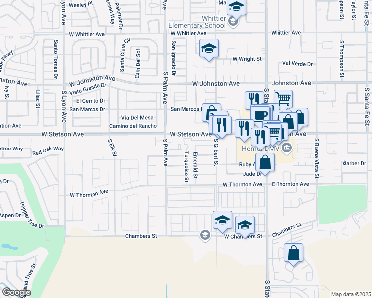map of restaurants, bars, coffee shops, grocery stores, and more near 801 West Stetson Avenue in Hemet
