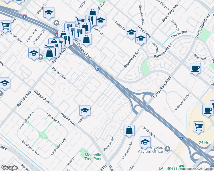 map of restaurants, bars, coffee shops, grocery stores, and more near 14031 Pinebrook Drive in Tustin