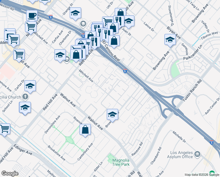 map of restaurants, bars, coffee shops, grocery stores, and more near 95 Hickory Branch in Tustin